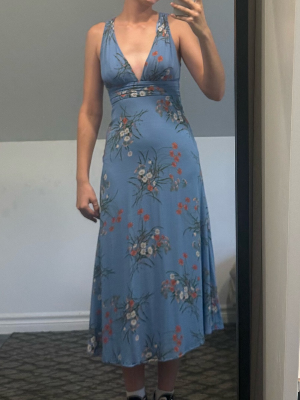 Reformation Blue Floral V-Neck Maxi Dress with Red Accents